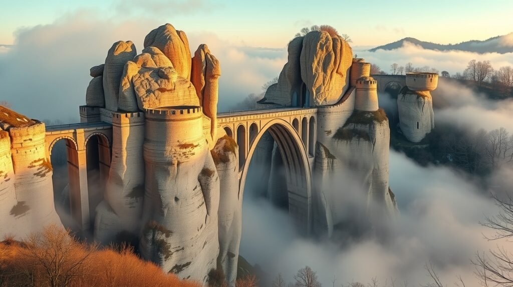 Bastei-híd ködben a Szász Svájc Nemzeti Parkban