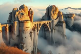 Bastei-híd ködben a Szász Svájc Nemzeti Parkban