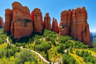 Az erdélyi Vörös-árok lenyűgöző vörös sziklái és zöld dombjai.