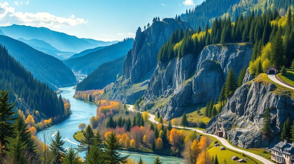 Festői táj a Malerweg mentén, hegyekkel és völgyekkel.