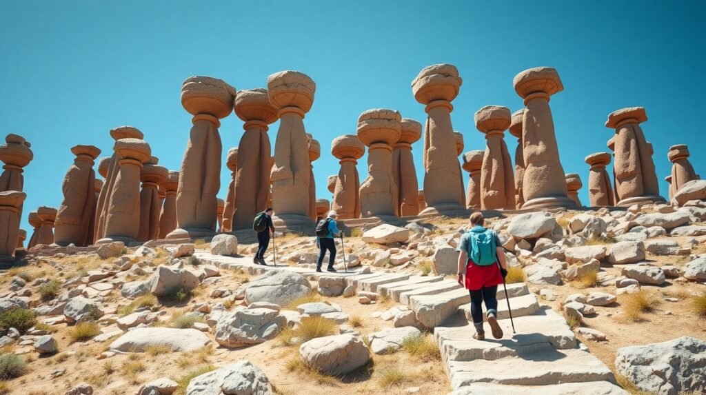 Hiker exploring the bizarre rock formations of Hercules-columns in Bielatal.
