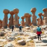Hiker exploring the bizarre rock formations of Hercules-columns in Bielatal.
