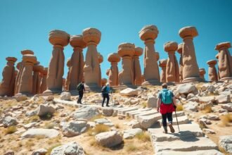 Hiker exploring the bizarre rock formations of Hercules-columns in Bielatal.