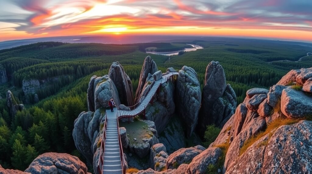 Létrás szikláknál álló emberek csodálják a naplementét a Schrammsteinben.