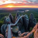 Létrás szikláknál álló emberek csodálják a naplementét a Schrammsteinben.