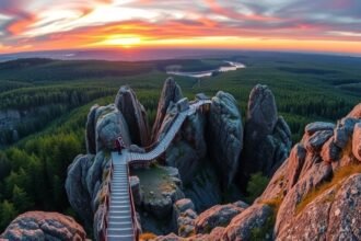 Létrás szikláknál álló emberek csodálják a naplementét a Schrammsteinben.