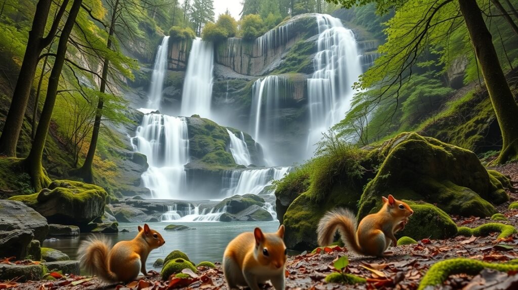 Mókusok a Triberg-vízesés lábánál a Fekete-erdőben.