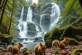 Mókusok a Triberg-vízesés lábánál a Fekete-erdőben.