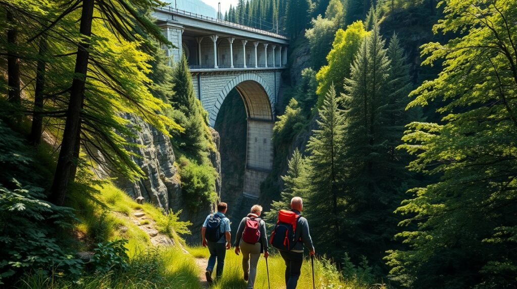 Túrázók a Ravennaschlucht viaduktja alatt a Fekete-erdőben