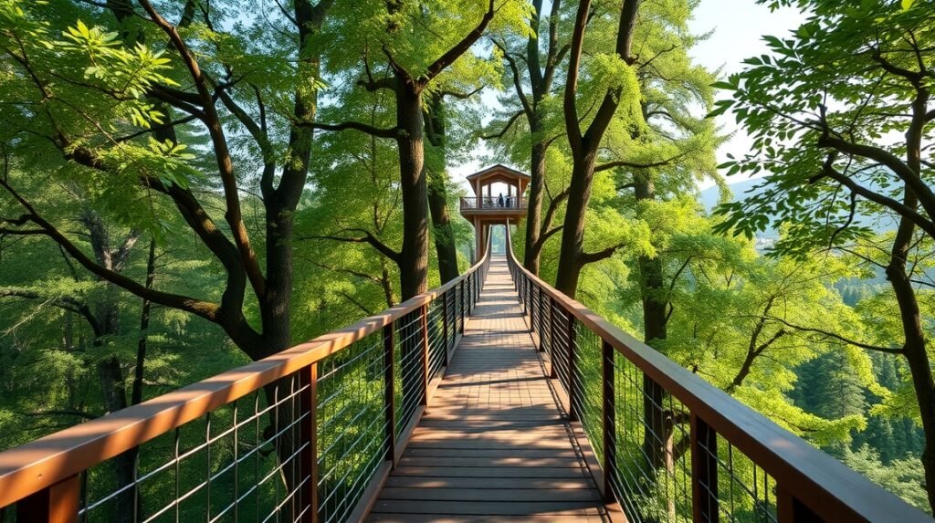 Lombkorona tanösvény Bad Wildbadban, lebegő sétány a fák felett.