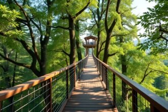 Lombkorona tanösvény Bad Wildbadban, lebegő sétány a fák felett.