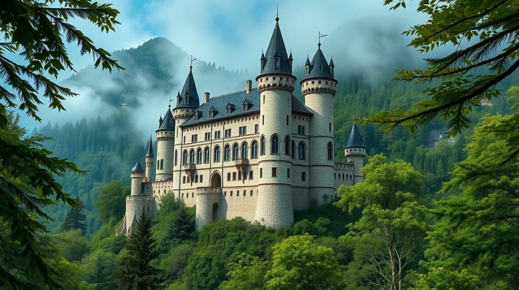 Burg Eltz mesebeli vára sűrű zöld erdőben Németországban.