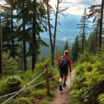 Férfi túrázik a Kárpátok erdőjében, Erdélyben.