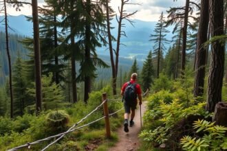 Férfi túrázik a Kárpátok erdőjében, Erdélyben.