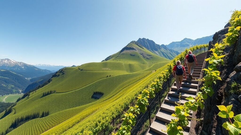 Hikers on the Calmont Klettersteig trail with vineyards and mountains