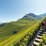 Hikers on the Calmont Klettersteig trail with vineyards and mountains