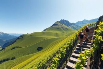 Hikers on the Calmont Klettersteig trail with vineyards and mountains