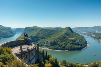 A Loreley-szikla kilátása a Rajnára és a környező dombokra.