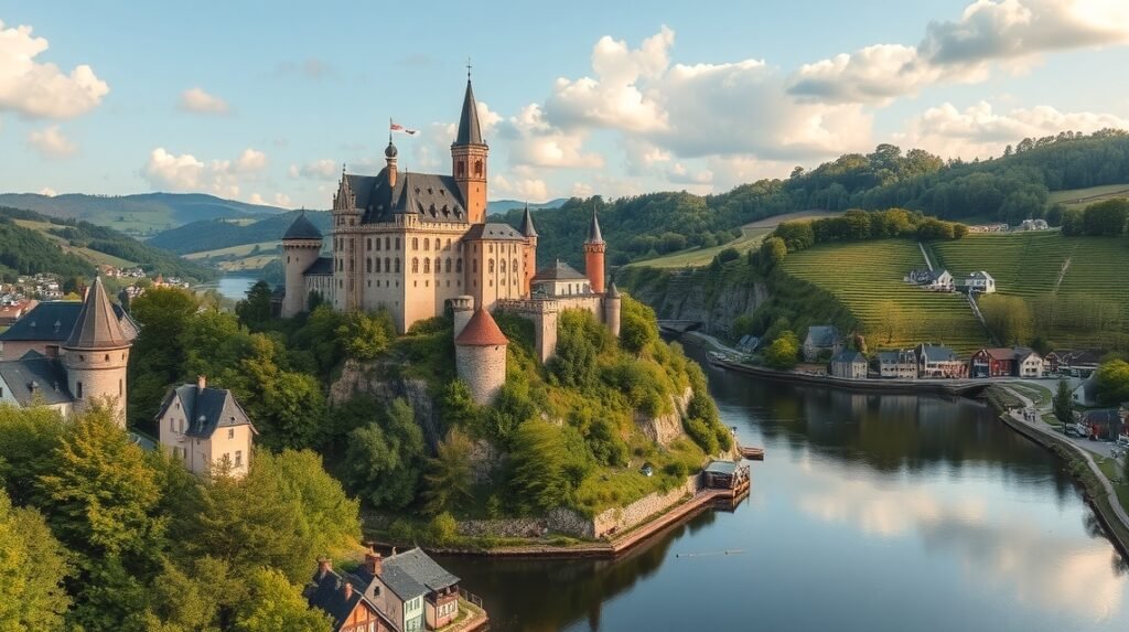 Cochem vára a Mosel-kanyarban, német romantikus folyóvölgy.