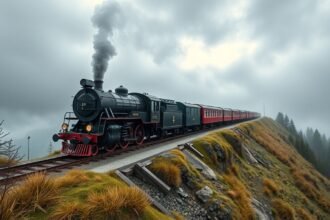 Gőzmozdony halad a Brocken-csúcs felé, csodás tájban.