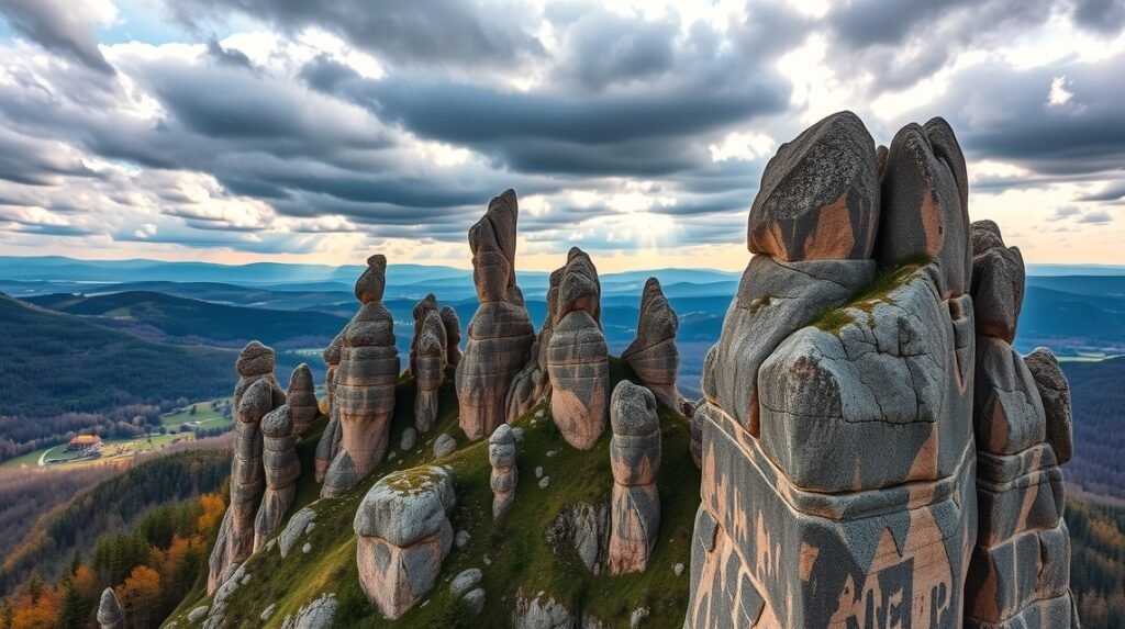 Sziklaformációk a Harz Nimród lábánál a Teufelsmauerban.