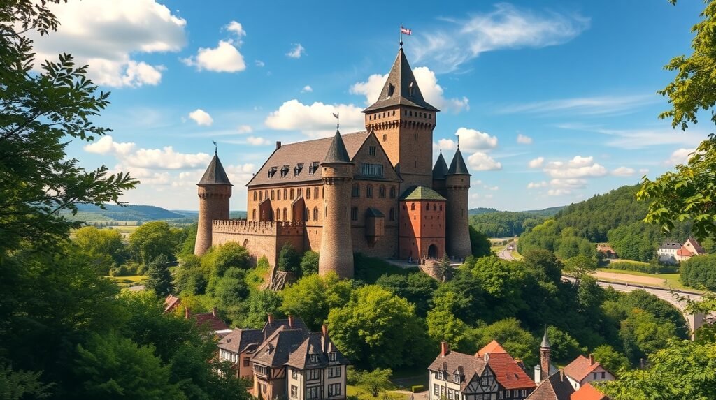 Wartburg vára, Eisenach felett, festői panoráma egy középkori erődítményről.