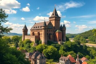 Wartburg vára, Eisenach felett, festői panoráma egy középkori erődítményről.