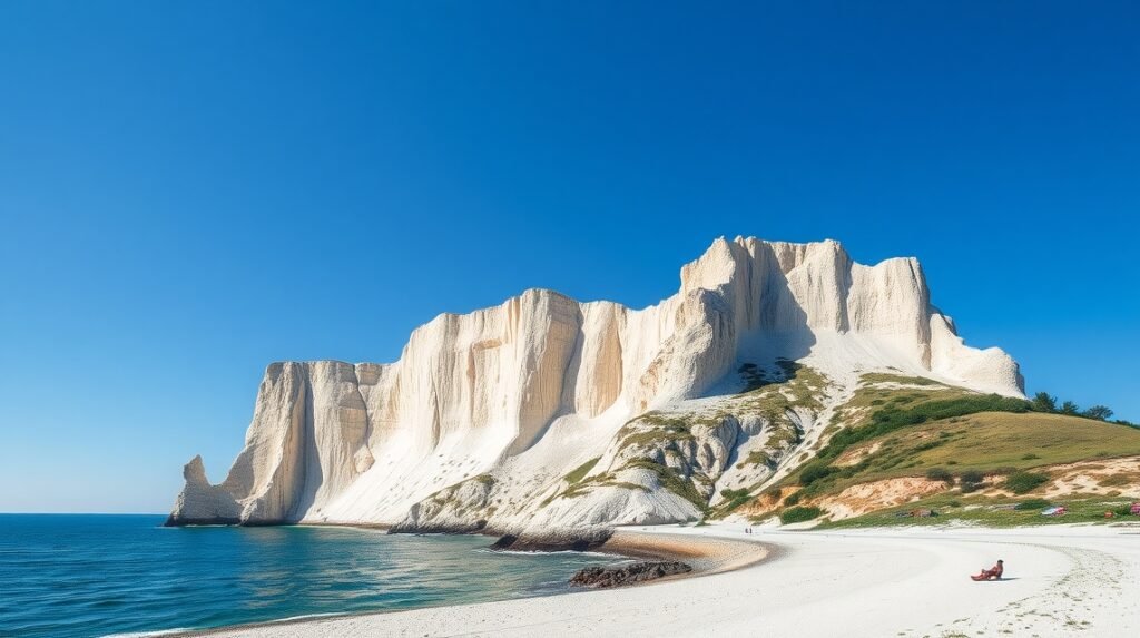 A fehér krétasziklák panorámája a Balti-tenger mellett.