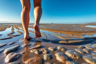 Mezítlábas túra az iszapban apálykor a Watt-tengernél.