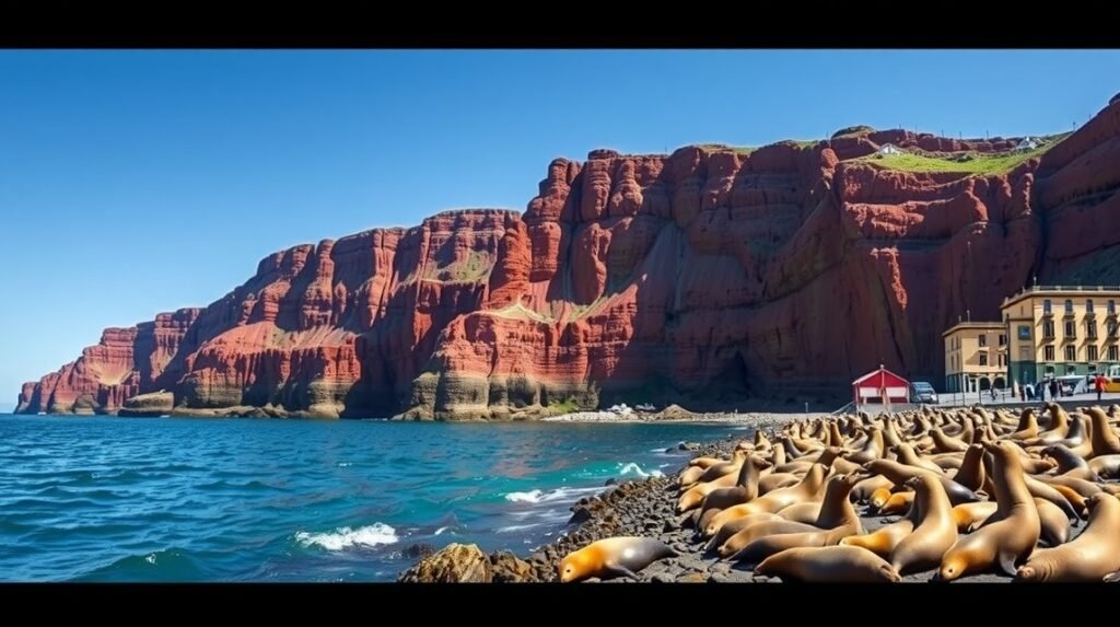 Fókák napoznak a Helgoland vörös sziklái közelében.