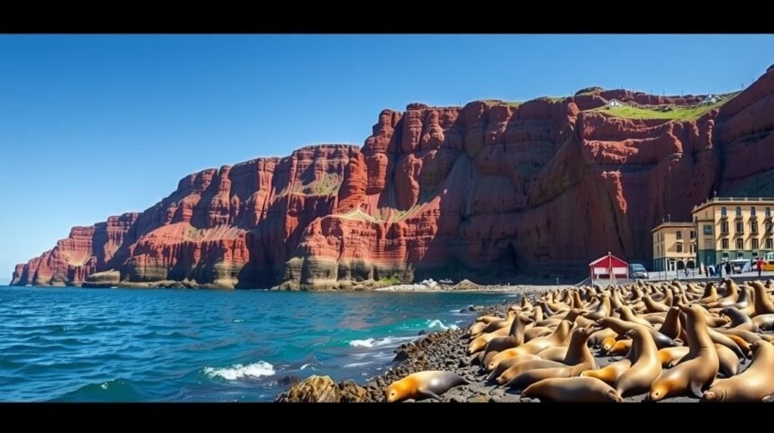 Fókák napoznak a Helgoland vörös sziklái közelében.