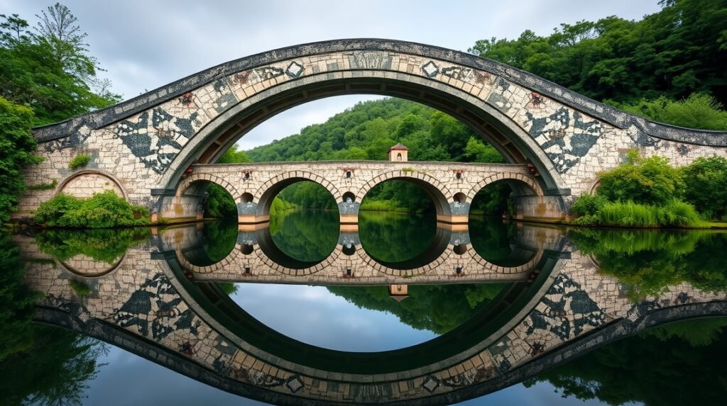Rakotzbrücke, az Ördög hídja lenyűgöző kőtípus megformálásával a vízen.