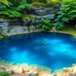 Blautopf kék forrás Blaubeurenben, lenyűgöző természeti látványosság.