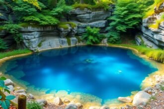 Blautopf kék forrás Blaubeurenben, lenyűgöző természeti látványosság.