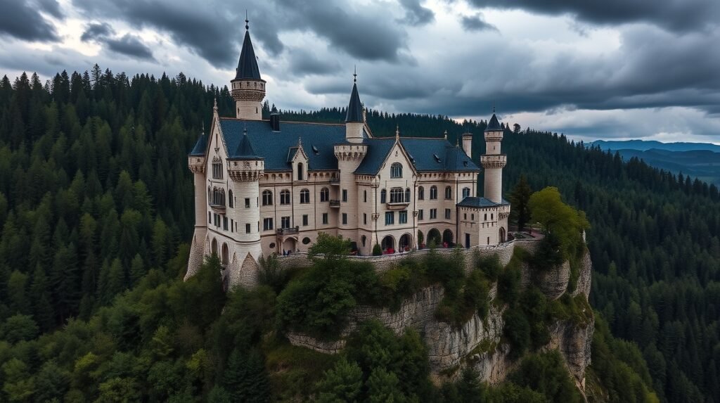 Lichtenstein kastély a szakadék szélén, neogótikus építészet.