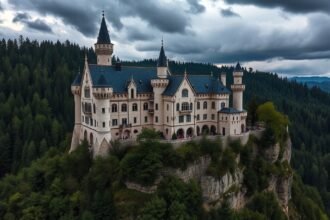 Lichtenstein kastély a szakadék szélén, neogótikus építészet.