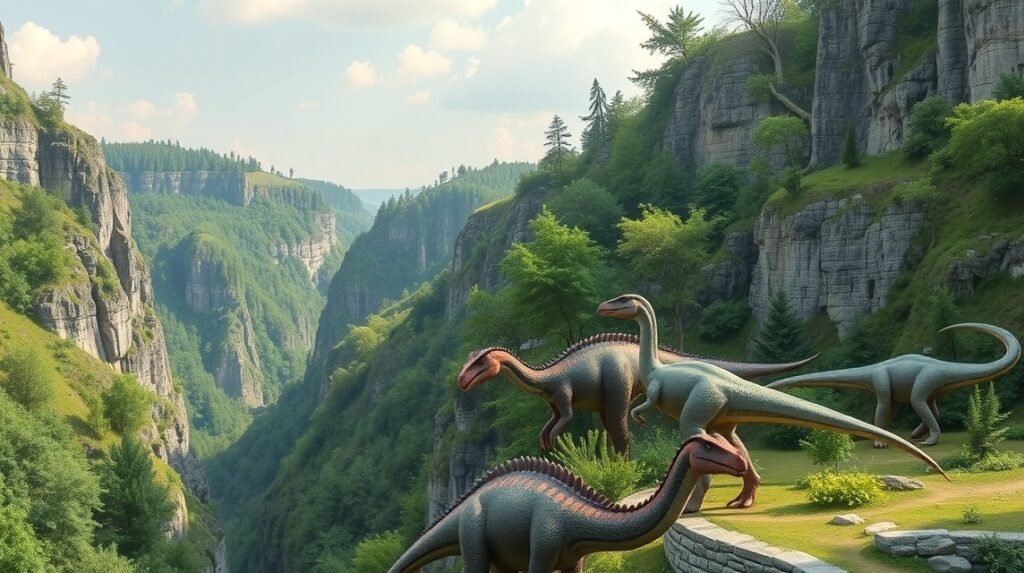 Dinoszauruszok a Teufelsschlucht kanyonban, Eifel közelében.