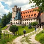 Bajor kolostori sörfőzde a természetben, túrázók az úton