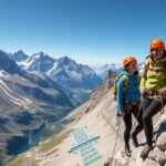 Két mászó kezdő a vasalt úton az Északi-Alpokban, csodás tájban.