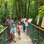 Családi séta lombkorona sétányon interaktív tanösvény közben Németországban.