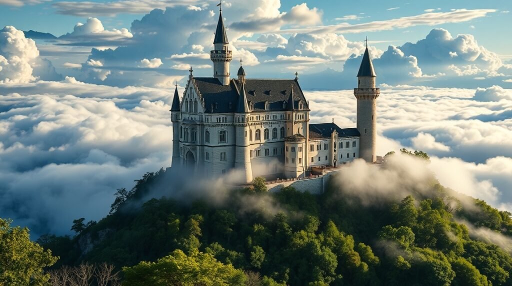 Hohenzollern-kastély a felhők felett, lenyűgöző panorámával.