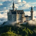 Hohenzollern-kastély a felhők felett, lenyűgöző panorámával.