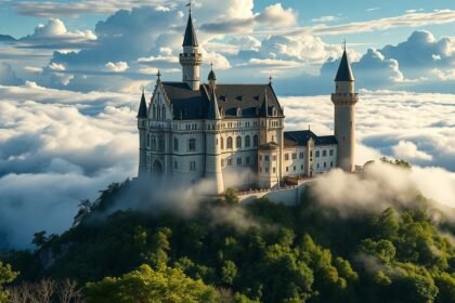 Hohenzollern-kastély a felhők felett, lenyűgöző panorámával.