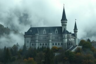 Vajdahunyad vára ködben, gótikus építészet Romániában.