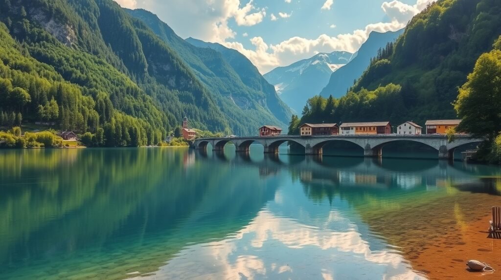 Sylvenstein-tó, bajor fjord a híddal és hegyekkel