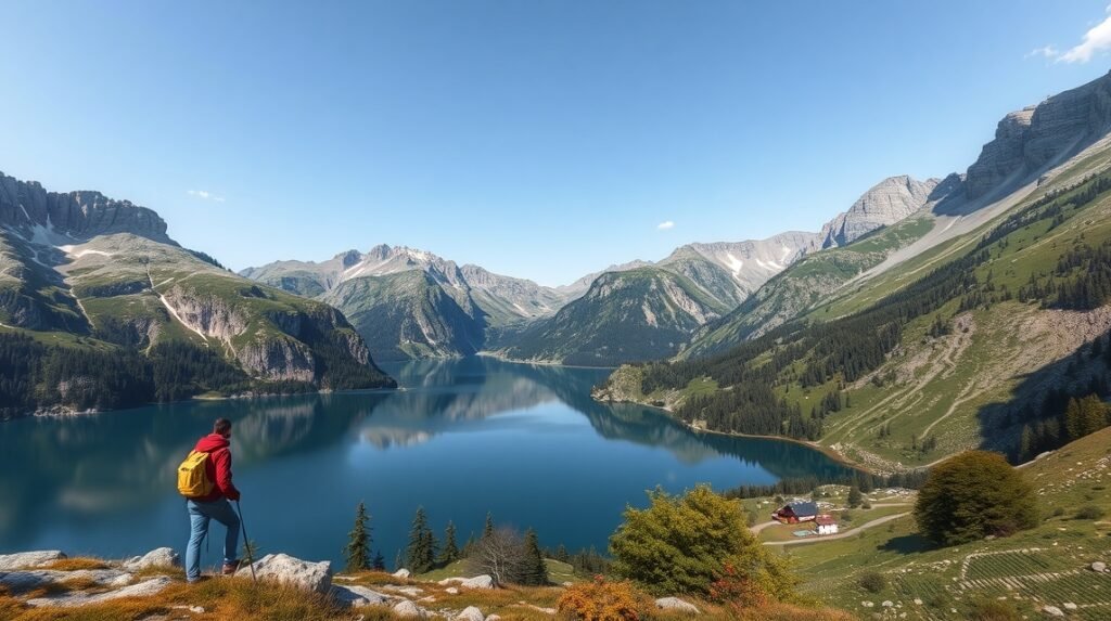 A Schrecksee alpesi tó lélegzetelállító panorámája és túrázó.