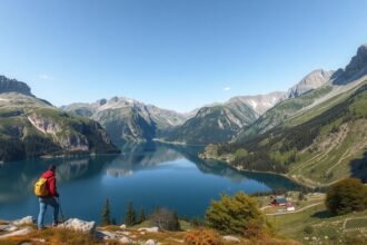 A Schrecksee alpesi tó lélegzetelállító panorámája és túrázó.