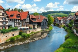 Monschau város látképe favázas házakkal és a Rur folyóval.