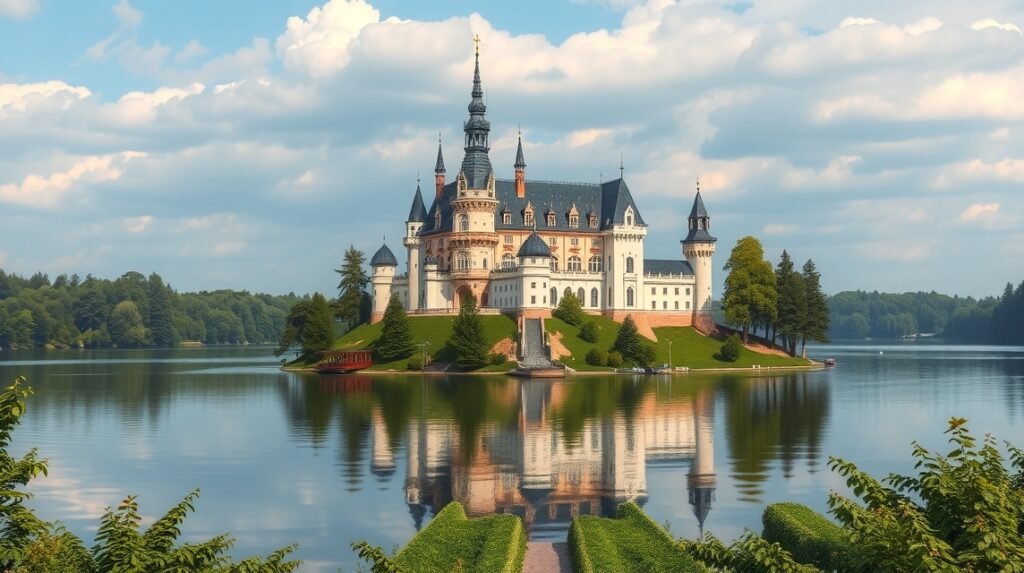 Schwerini kastély a tó közepén, mesebeli tornyokkal és romantikus tájjal.