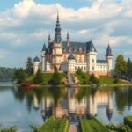 Schwerini kastély a tó közepén, mesebeli tornyokkal és romantikus tájjal.